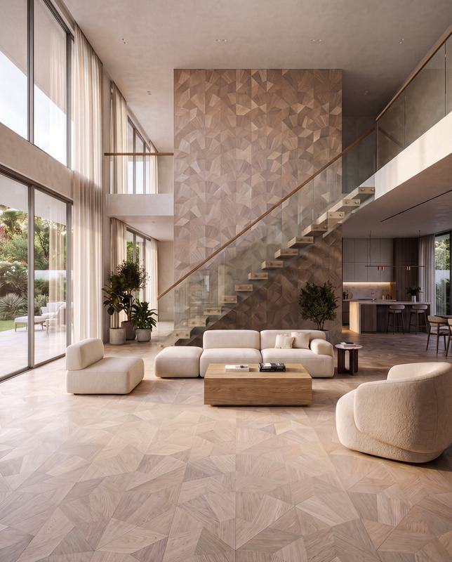 Bespoke geometric pattern floor in a double-height living room