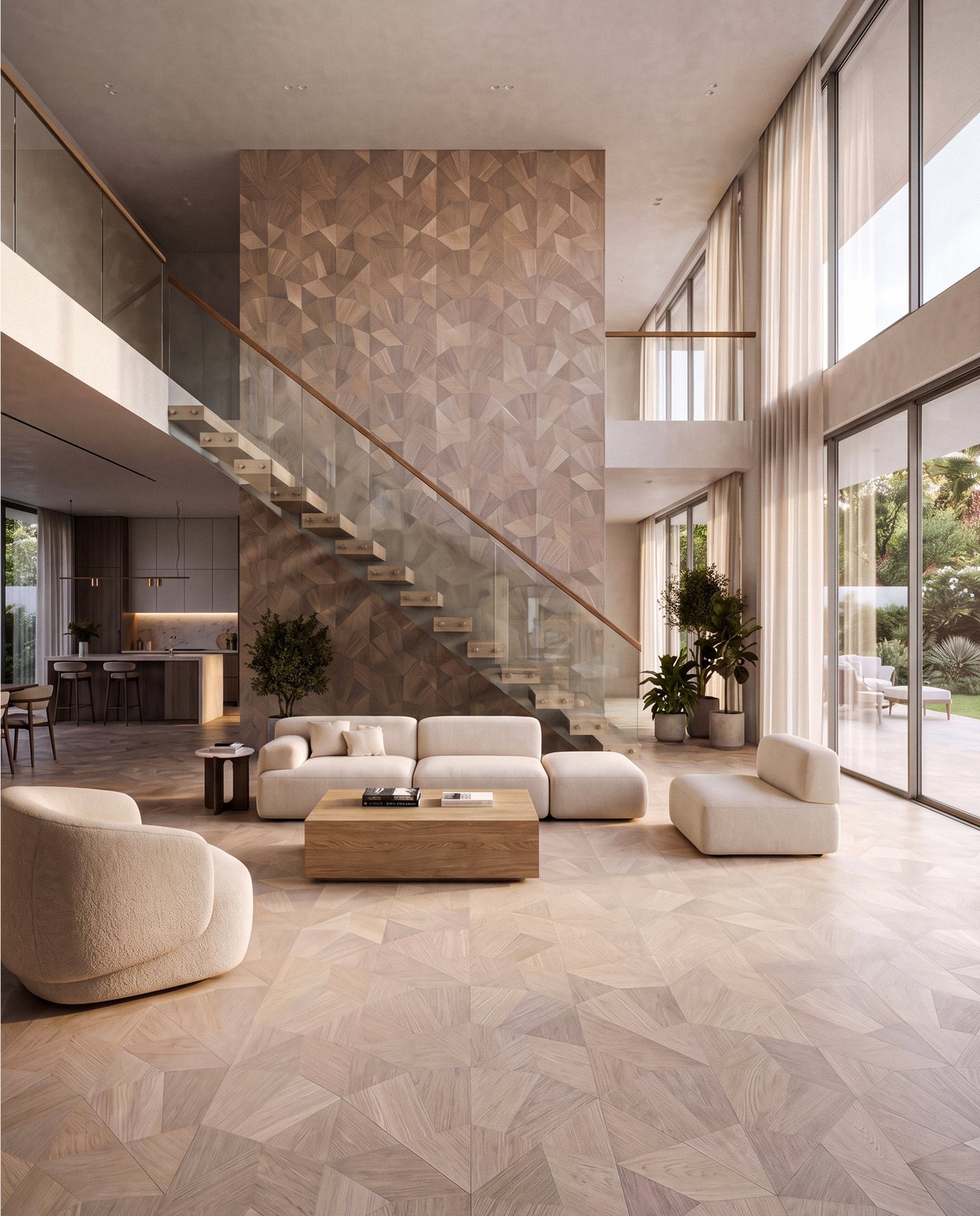 Bespoke — geometric pattern floor in a double-height living room