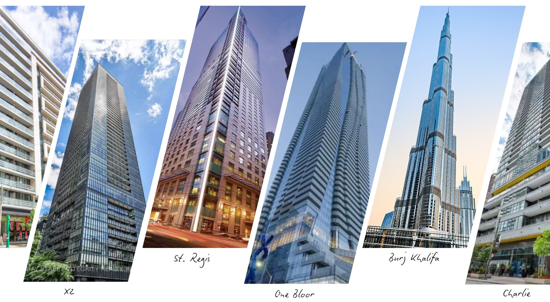 Condominium and hotel towers with Khayeri floors: X2, St. Regis, One Bloor, Burj Khalifa and Charlie