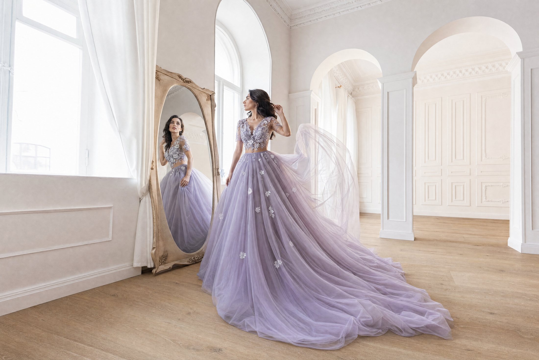 Memories of Versailles — model in a lilac gown beside a gilded mirror on an oak floor